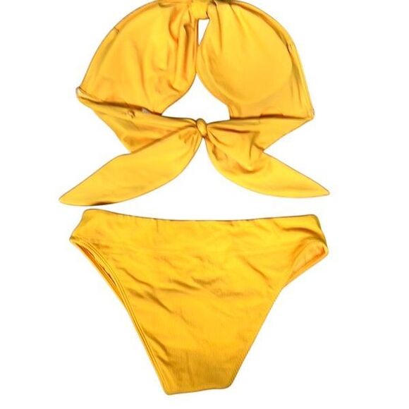 Abercrombie Yellow Ribbed Knot Bandeau Bikini Set XL Top L High Cheeky Bottom - Picture 8 of 16